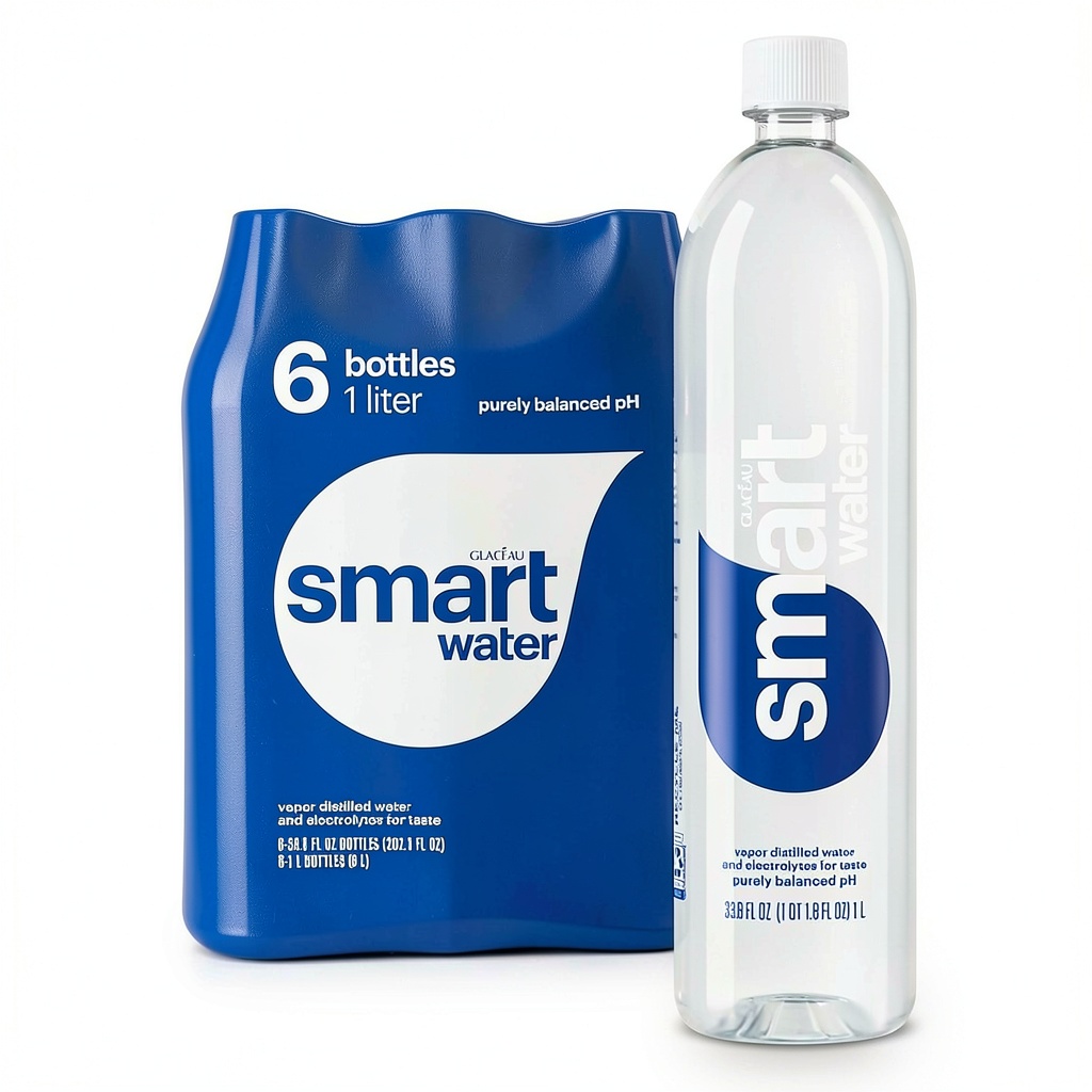Smartwater bottle displayed on a desk with a laptop and workout gear